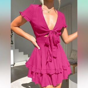 Summer Swing Mini Dress Tie Front V Neck Ruffle Sleeves in “Rose Red” Pink
